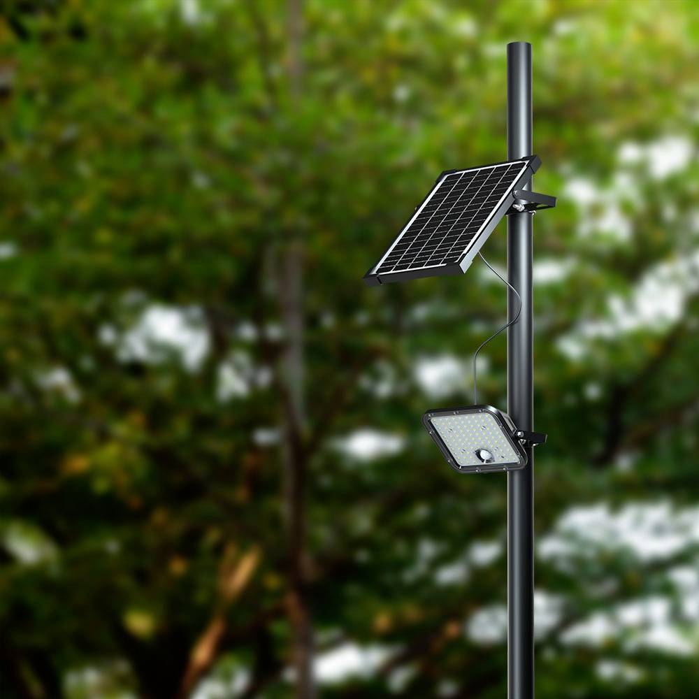 Un lampione alimentato a energia solare si erge sullo sfondo sfocato di un verde paesaggio, mettendo in risalto il suo pannello solare e il corpo illuminante a LED.