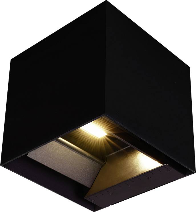 Un apparecchio illuminante da soffitto nero a forma di cubo, con una singola lampadina accesa che proietta la luce verso il basso.