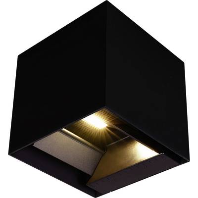 Un apparecchio illuminante da soffitto nero a forma di cubo, con una singola lampadina accesa che proietta la luce verso il basso.