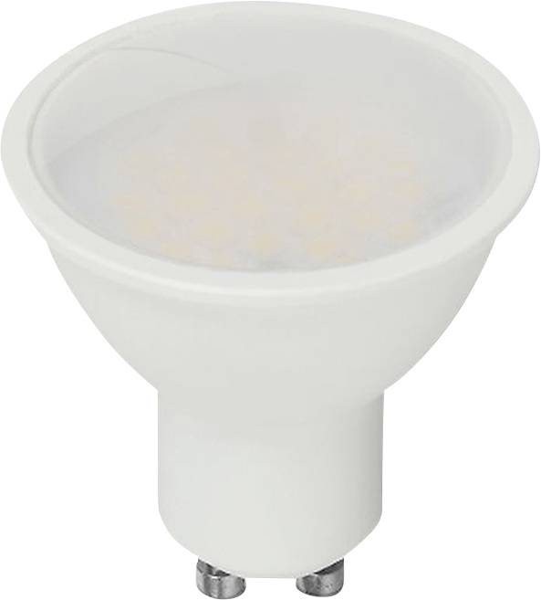 Una lampadina LED bianca con copertura circolare e superficie smerigliata e base a due pin. Progettata per applicazioni di illuminazione a basso consumo energetico.
