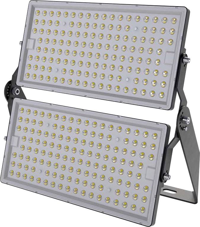 'Fari a LED doppi con più piccole lampadine, montati su supporto regolabile per un'illuminazione esterna versatile.'