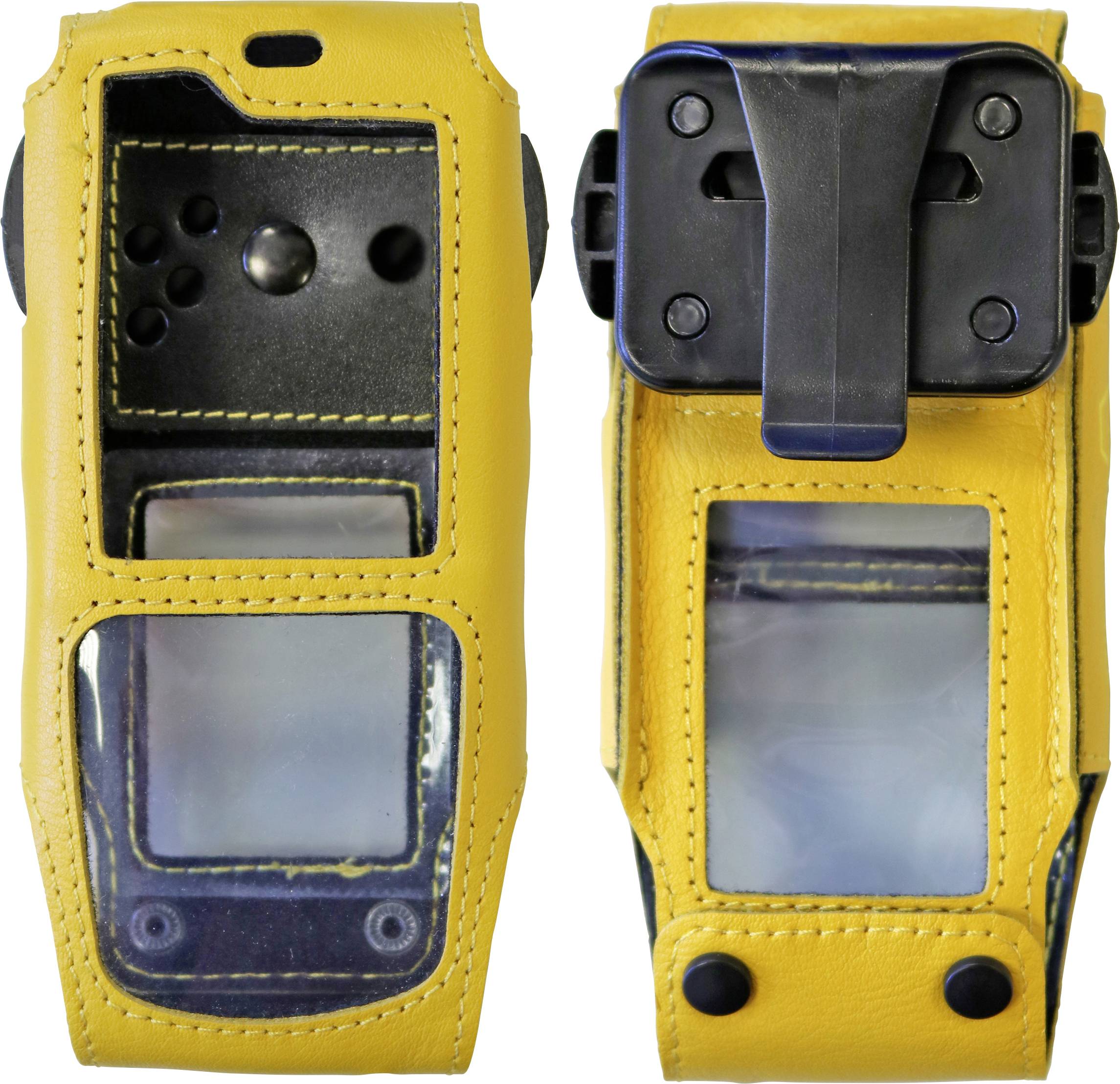 Due viste di un custodia protettiva gialla per un dispositivo portatile, con finestre trasparenti e un clip nero sul retro.