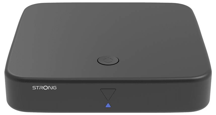 Un dispositivo elettronico rettangolare nero con un pulsante circolare in alto e una luce triangolare blu sul davanti, etichettato 'Strong'.