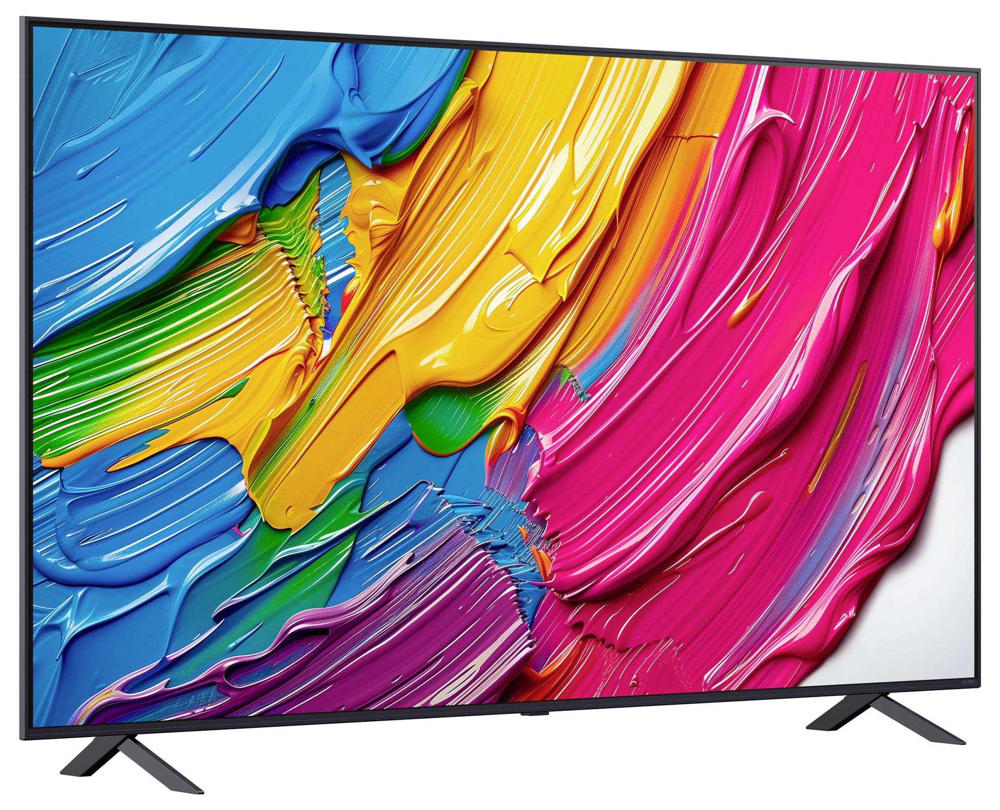 Un dipinto astratto vivace esposto su un televisore piatto moderno, che mostra tratti decisi di blu, giallo, rosa e verde.