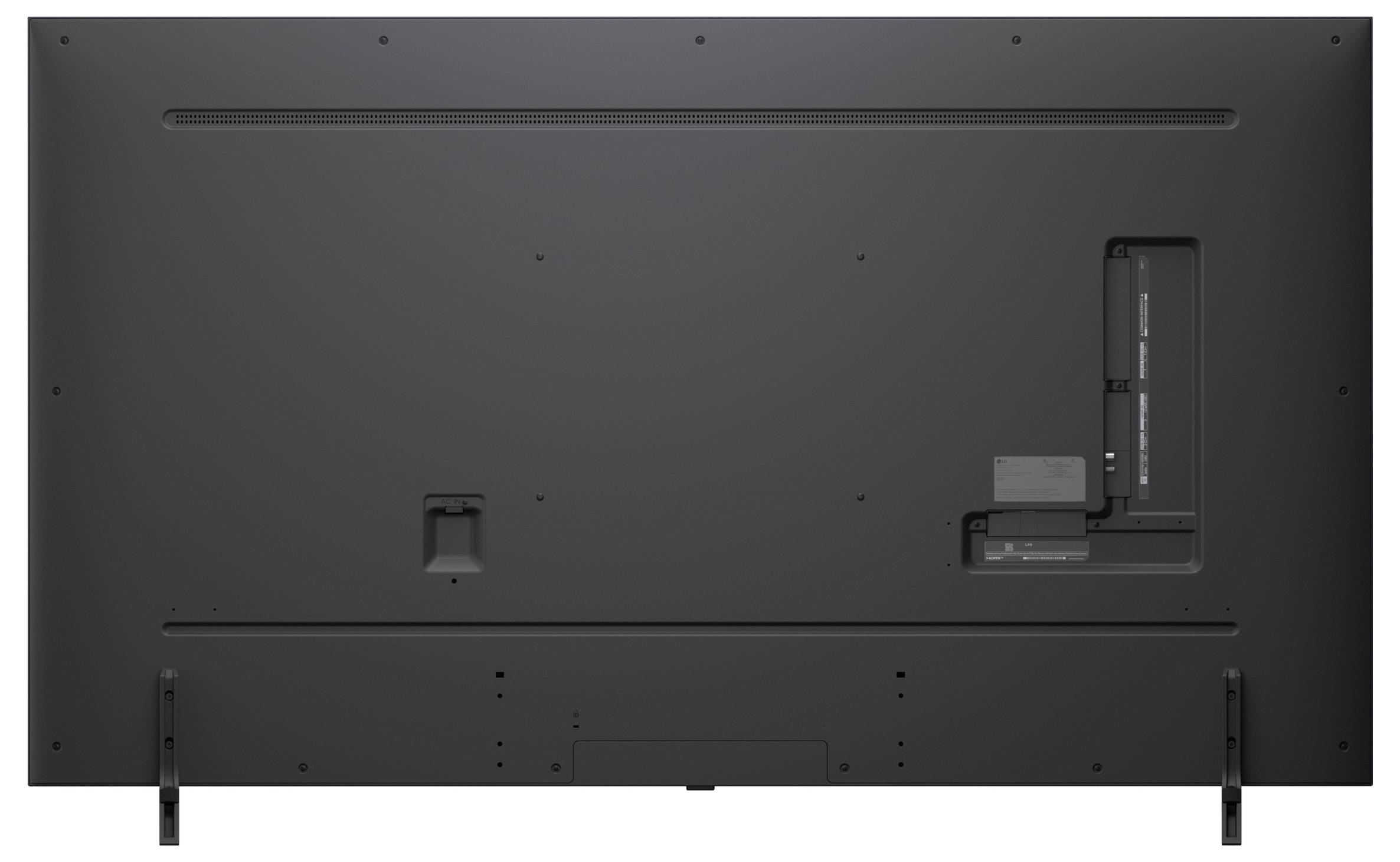 Vista posteriore di una TV a schermo piatto con porte e slot di montaggio visibili.