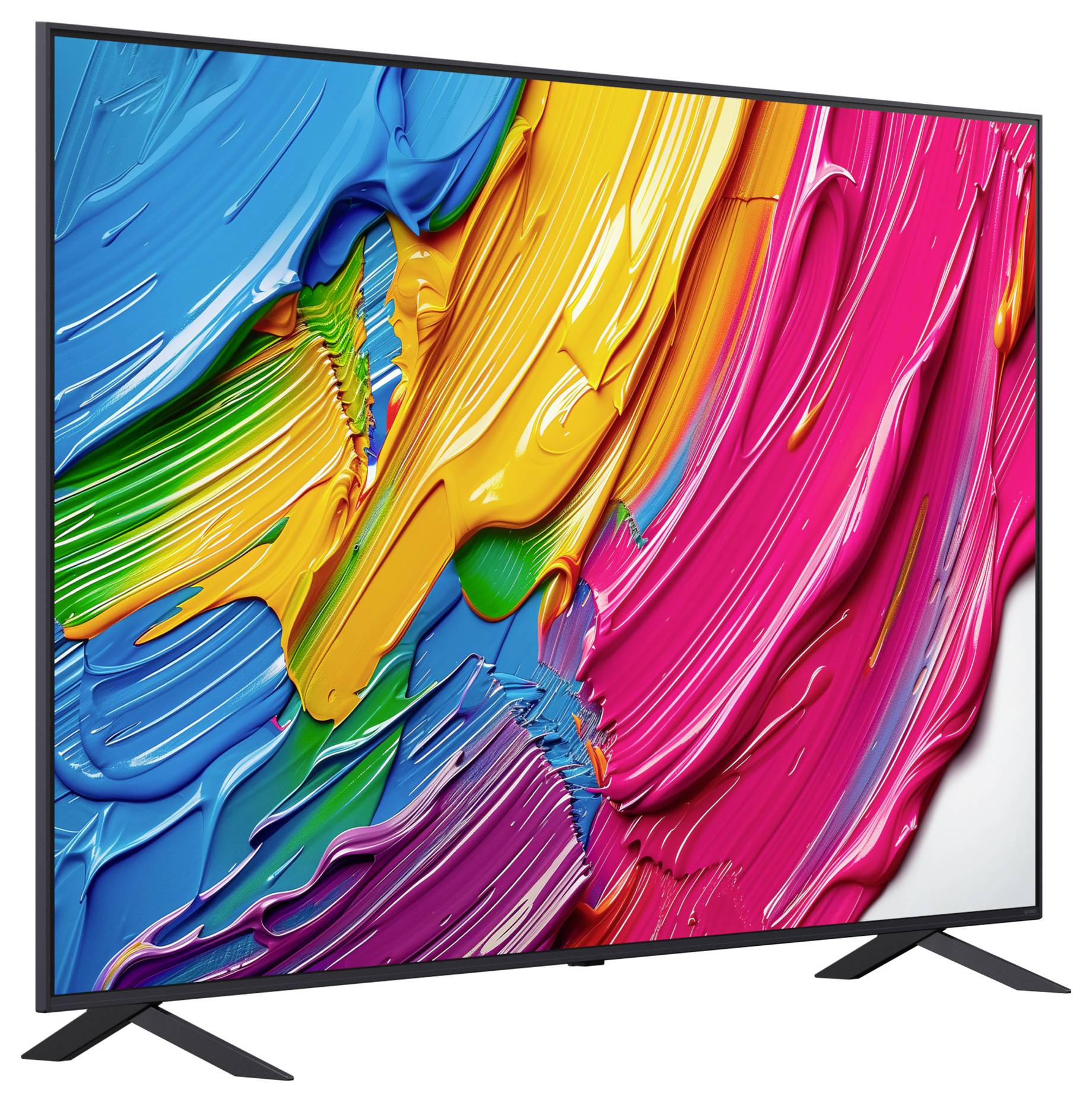 Un televisore a schermo piatto che mostra un dipinto astratto vibrante con tratti decisi di blu, giallo e rosa.