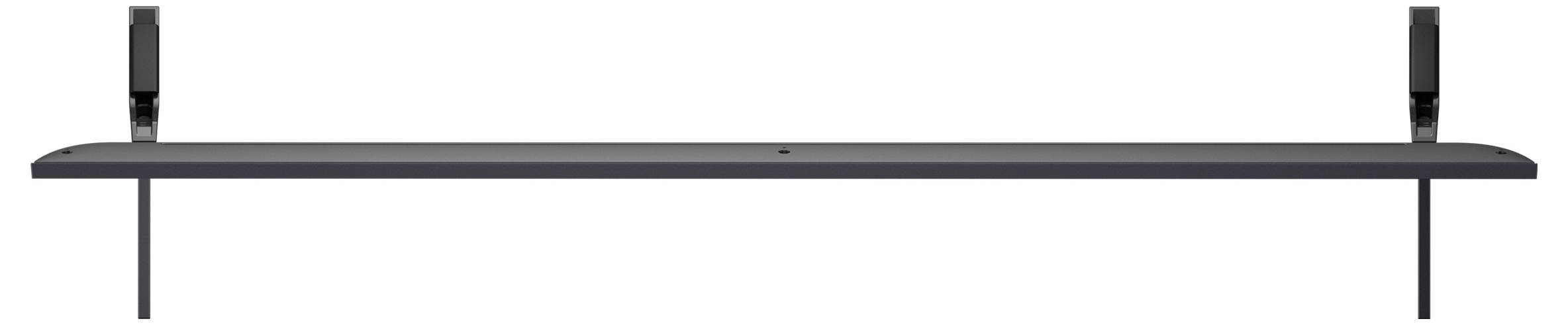 Una soundbar orizzontale elegante dal design minimalista, con due altoparlanti rivolti verso l'alto alle estremità per una proiezione audio migliorata.