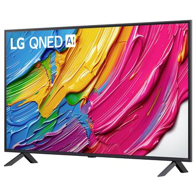 Un display luminoso e colorato presenta il TV LG QNED AI, con un vivace pattern astratto di vernice in blu, verde, giallo e rosa.