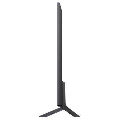 Una vista laterale di una TV a schermo piatto sottile, che illustra il suo design elegante e il supporto minimal.
