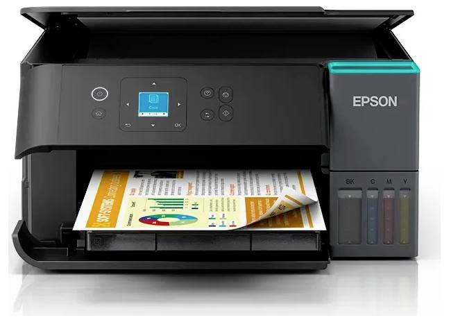Una stampante Epson nera con serbatoio dell'inchiostro, che mostra una pagina stampata colorata con grafici e testo, evidenziando la sua capacità di stampa.