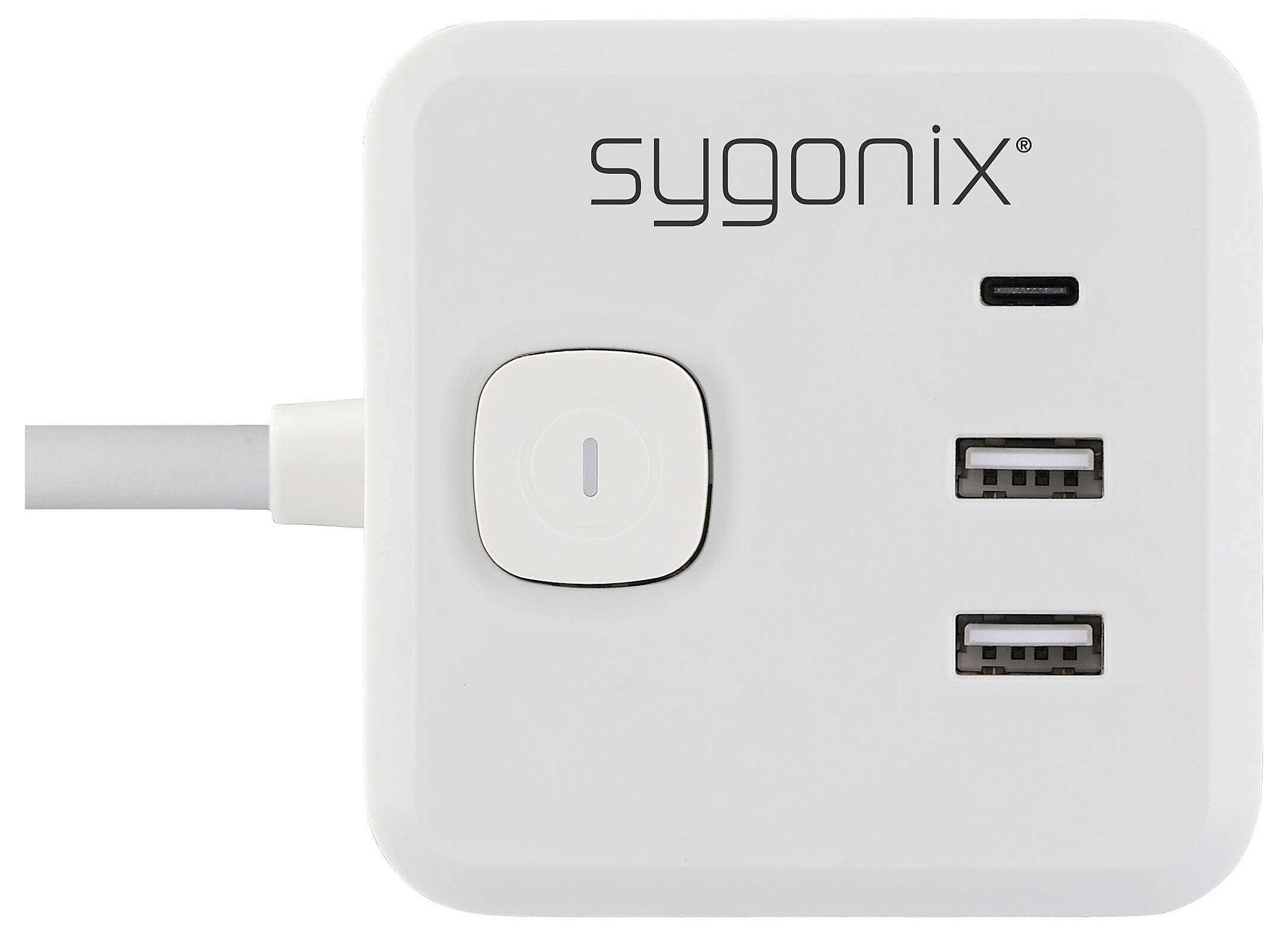 'Ciabatta Sygonix bianca con due porte USB e porta USB-C, dotata di pulsante di accensione centrale e cavo di alimentazione collegato.'