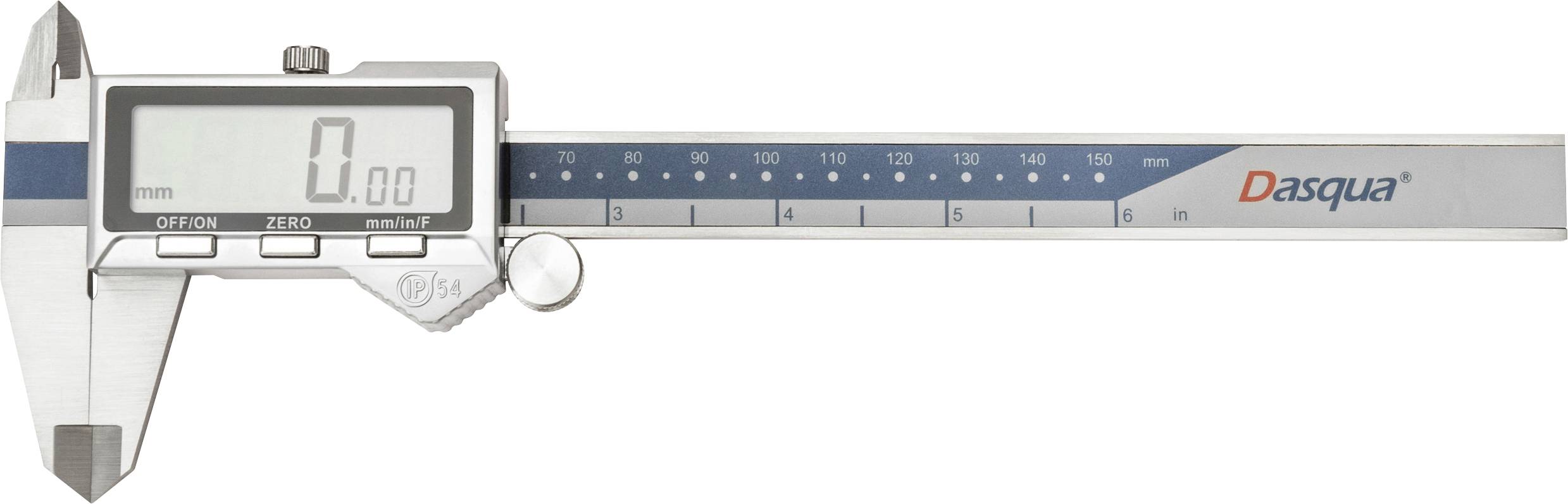 Calibro digitale che mostra '0.00 mm' sullo schermo, utilizzato per misurazioni precise, con corpo in acciaio inossidabile ed etichetta blu 'Dasqua'.