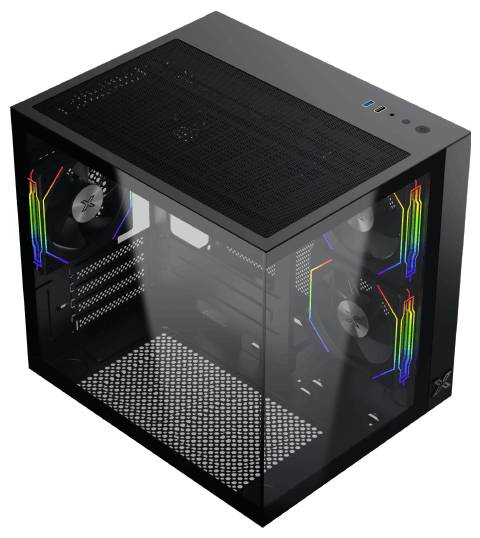 Un case per computer nero a forma di cubo, con lati trasparenti che rivelano ventole interne con illuminazione RGB e un coperchio superiore a rete per la circolazione dell'aria.