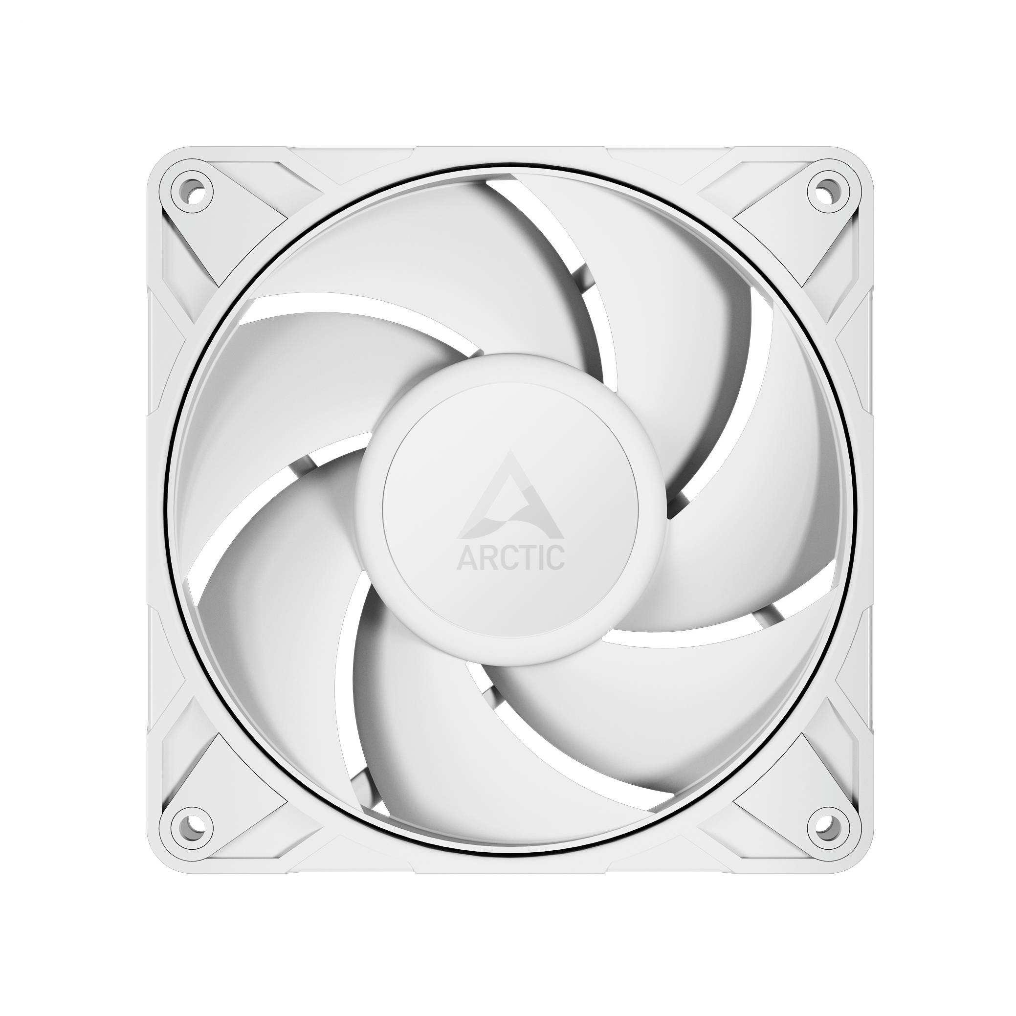 Un ventilatore per computer bianco con il marchio 'Arctic' al centro, dotato di pale curve e un telaio quadrato con fori di montaggio in corrispondenza di ciascun angolo.