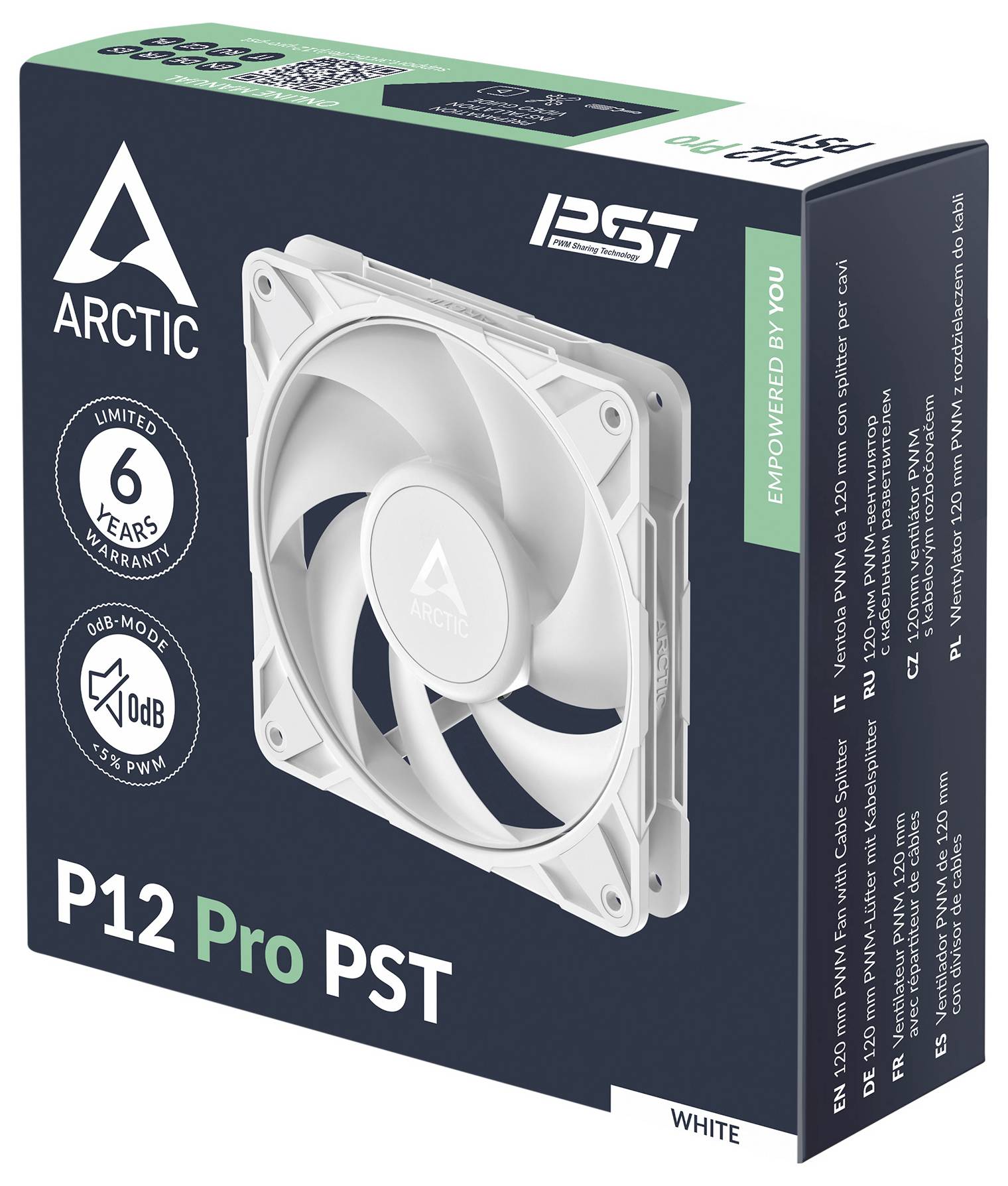 Immagine di una scatola del ventilatore Arctic P12 Pro PST che mostra i dettagli del prodotto, tra cui 'Garanzia di 6 anni', '0 dB' e tecnologia PWM.
