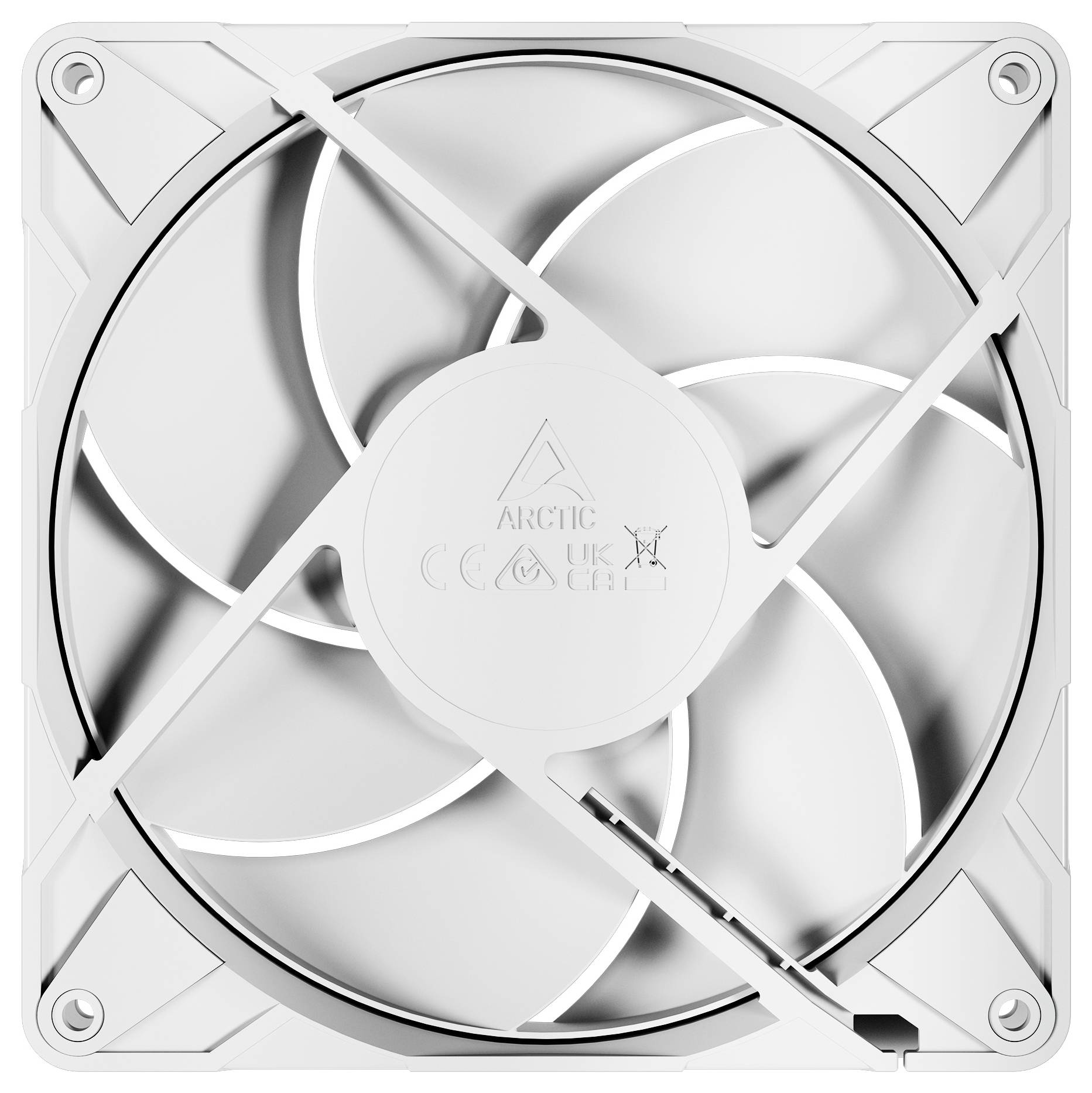 Un ventilatore quadrato bianco per computer con quattro pale e un mozzo centrale che mostra le certificazioni di prodotto.