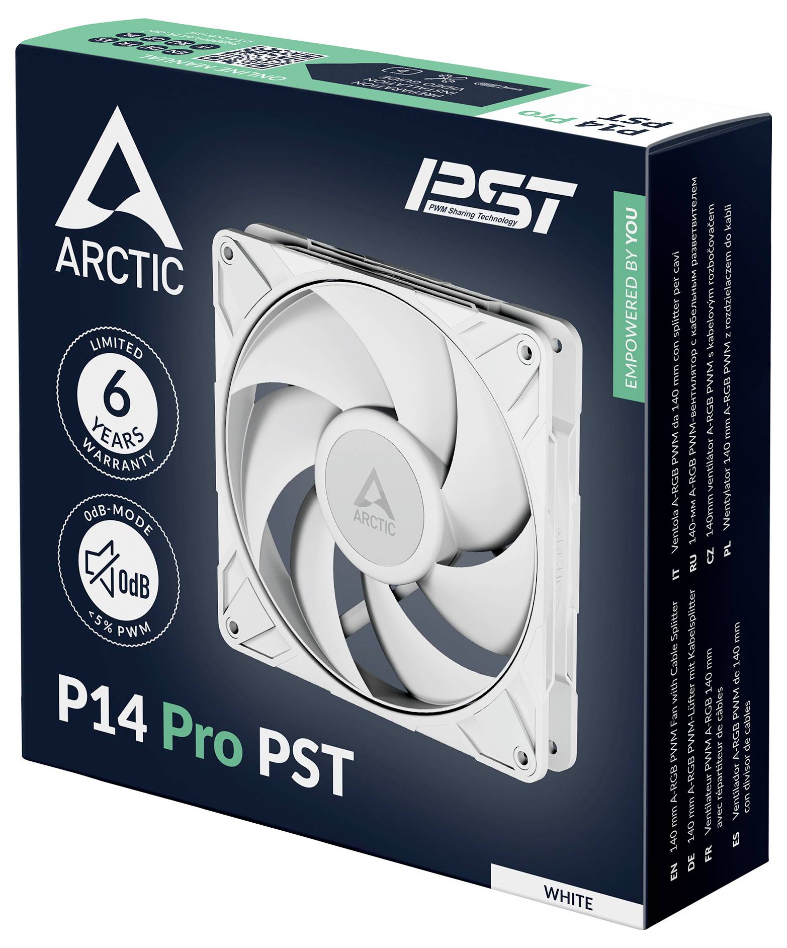 Una scatola del ventilatore di raffreddamento 'Arctic P14 Pro PST' in bianco, con modalità 0dB, garanzia di 6 anni e controllo PWM.