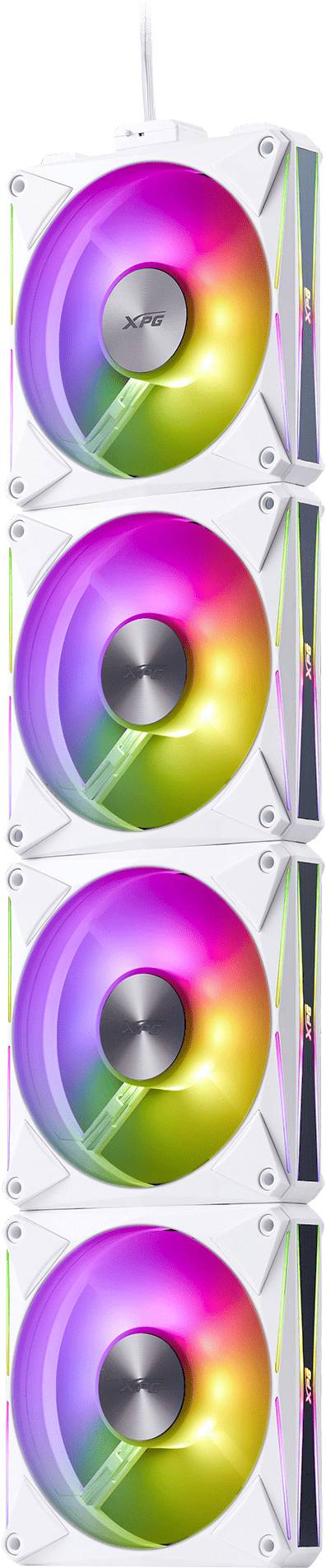 Quattro ventole LED RGB allineate verticalmente, che mostrano uno spettro di colori tra cui viola, rosa, giallo e verde, con una cornice bianca.
