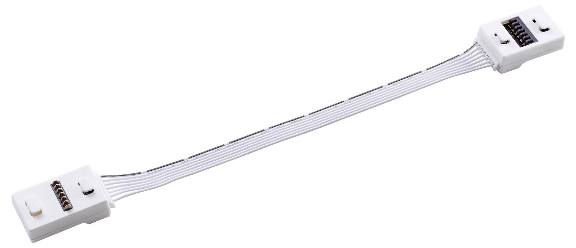 Un connettore per strisce LED bianche con due connettori alle estremità, collegati da cavi piatti simili a nastri, utilizzato per collegare strisce luminose LED.