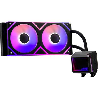 Un dissipatore liquido per CPU a doppia ventola con illuminazione RGB e il marchio 'XPG' sulla pompa, progettato per il raffreddamento del computer e la dissipazione efficiente del calore.