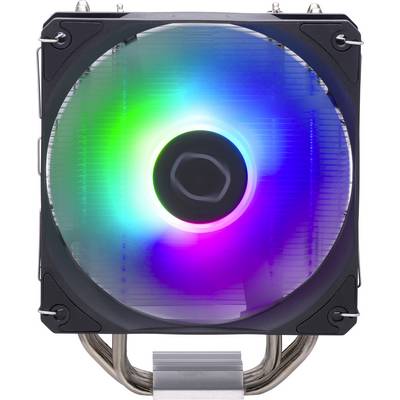Un ventilatore per computer con illuminazione RGB vivace mostra uno spettro di colori, tra cui verde, blu e viola, mentre è montato su un dissipatore di calore.