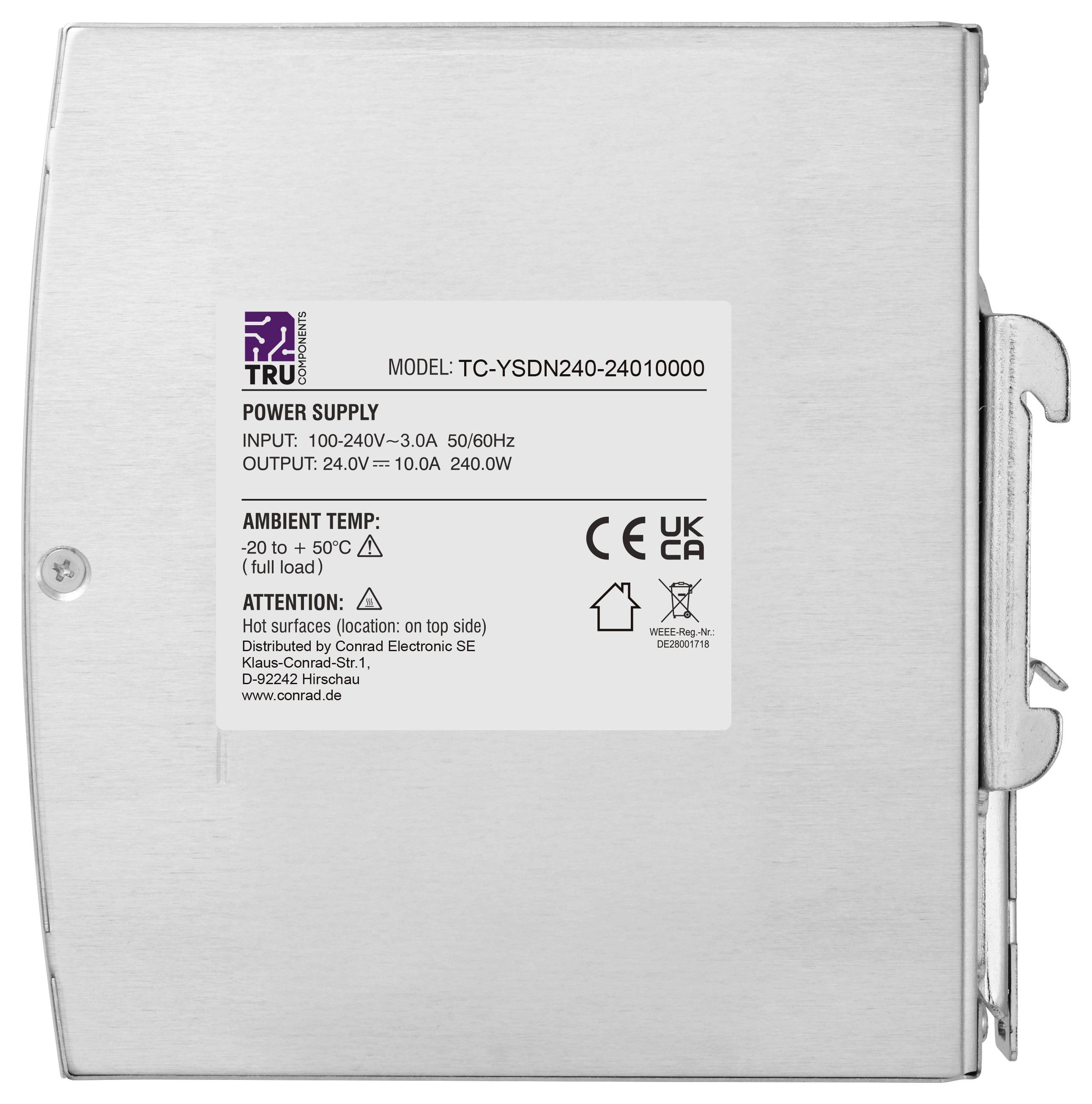 Unità di alimentazione in metallo argentato etichettata 'MODELLO: TC-YSDN240-24010000', ingresso 100-240V CA, uscita 24V CC 10A 240W.