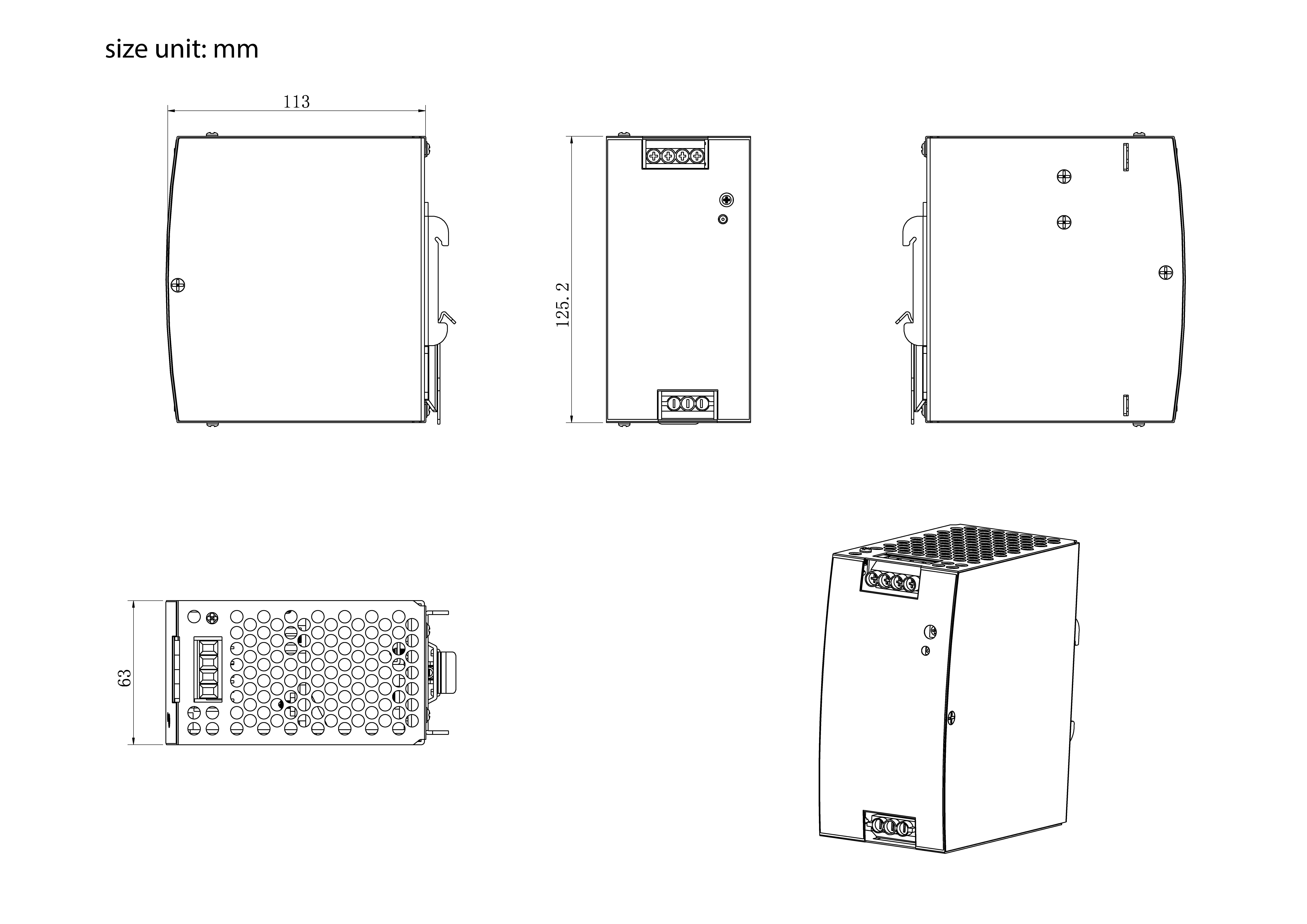 'Disegno tecnico di un dispositivo elettronico, che mostra le viste frontale, laterale, superiore e angolata. Dimensioni: larghezza 113 mm e altezza 108,2 mm.'