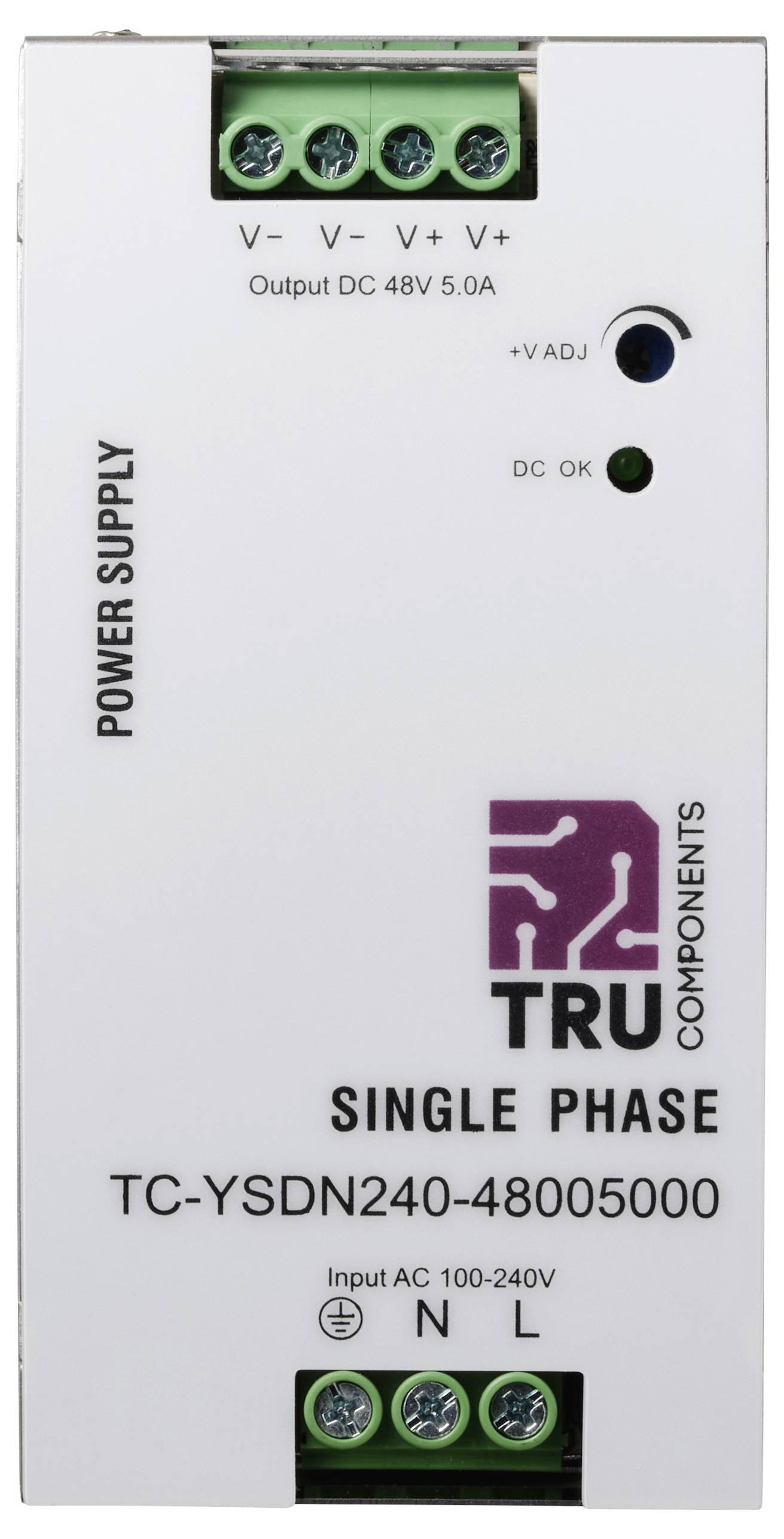 'Componenti TRU Alimentatore Monofase, Modello TC-YSDN240-48005000, Uscita DC 48V 5.0A, Ingresso AC 100-240V.'