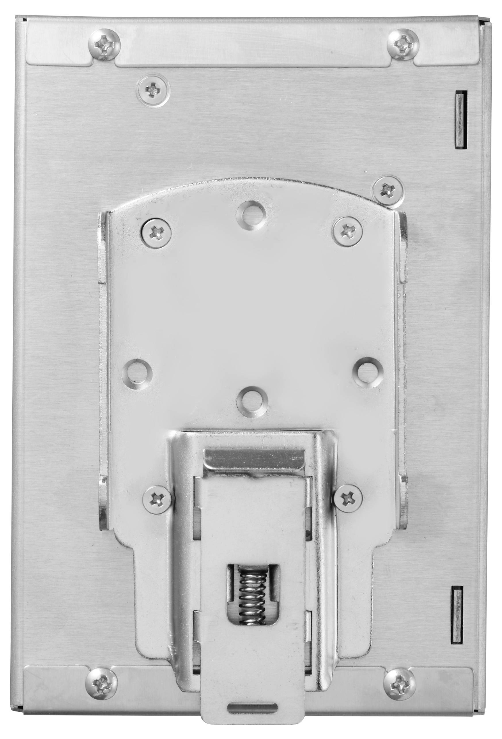 'Una staffa di montaggio in metallo con multiple viti e un meccanismo centrale di bloccaggio. Sembra idonea per fissare dispositivi o componentistica hardware.'