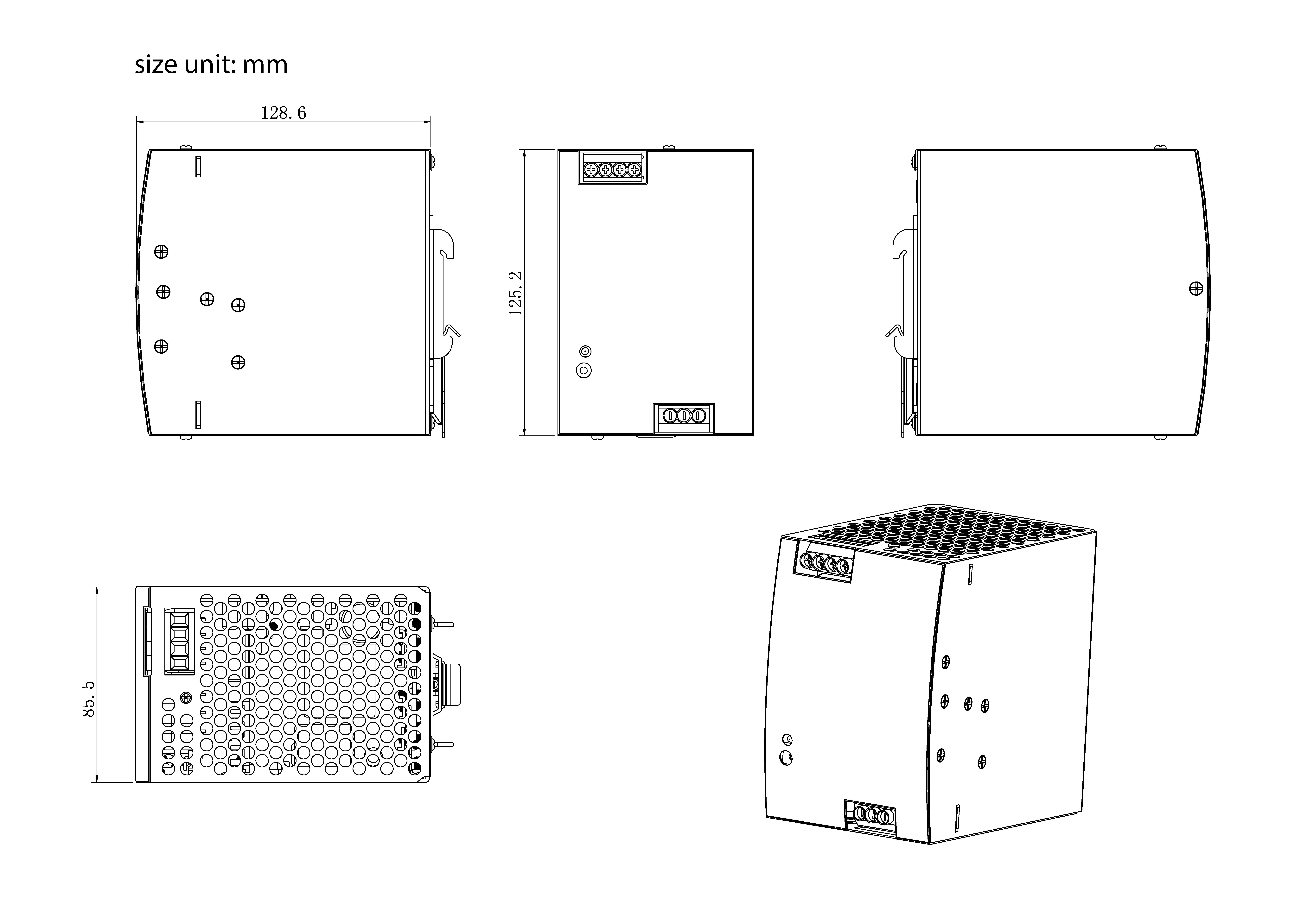 Disegno tecnico di un dispositivo elettronico ripreso da diversi angolazioni, che mostra dimensioni e dettagli di progettazione. Dimensioni etichettate in millimetri.