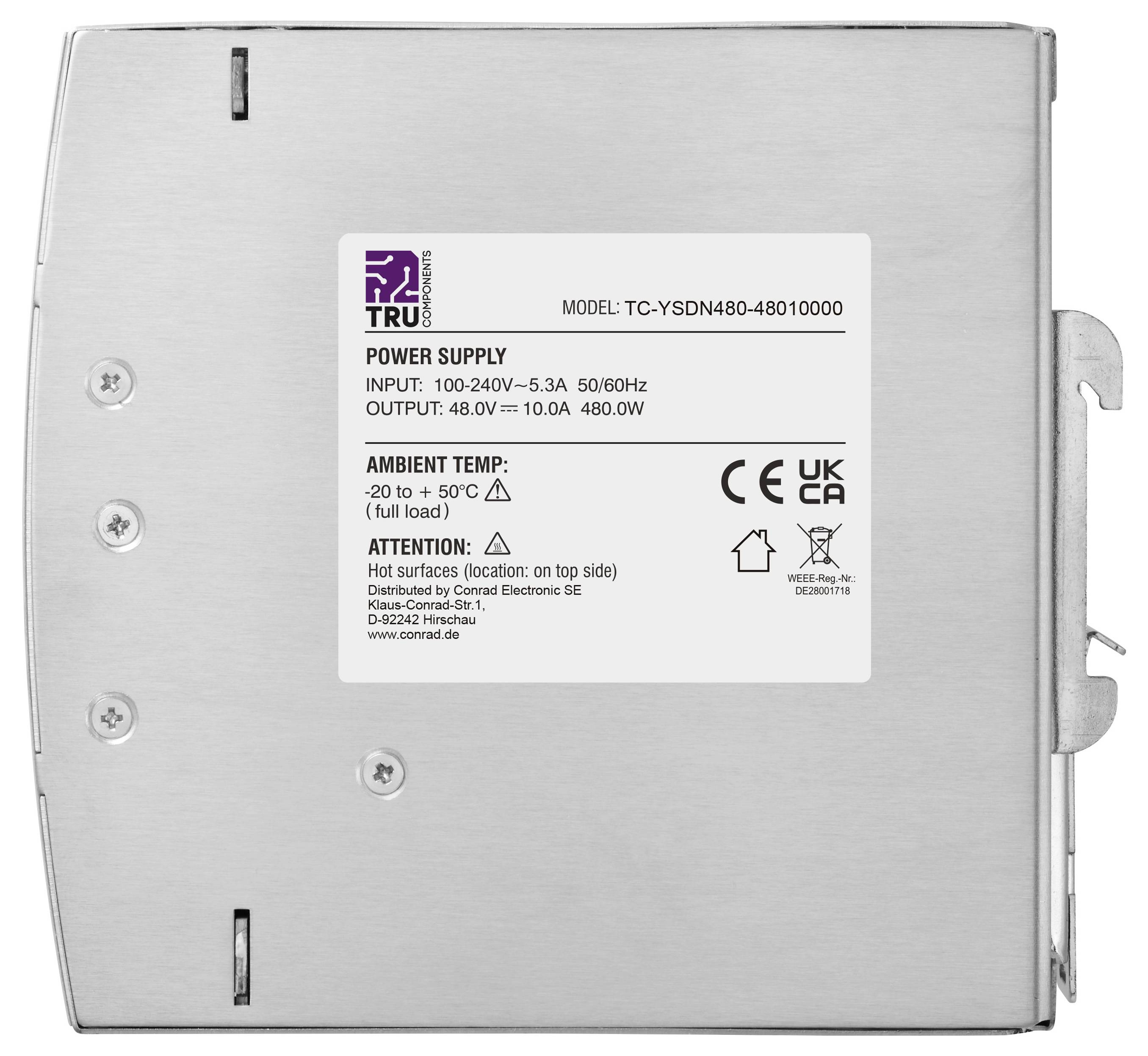Etichetta su un'unità di alimentazione elettrica in metallo con modello "TC-YSDN480-48010000" e specifiche: ingresso 100-240V, uscita 48,0V 10,0A 480W.