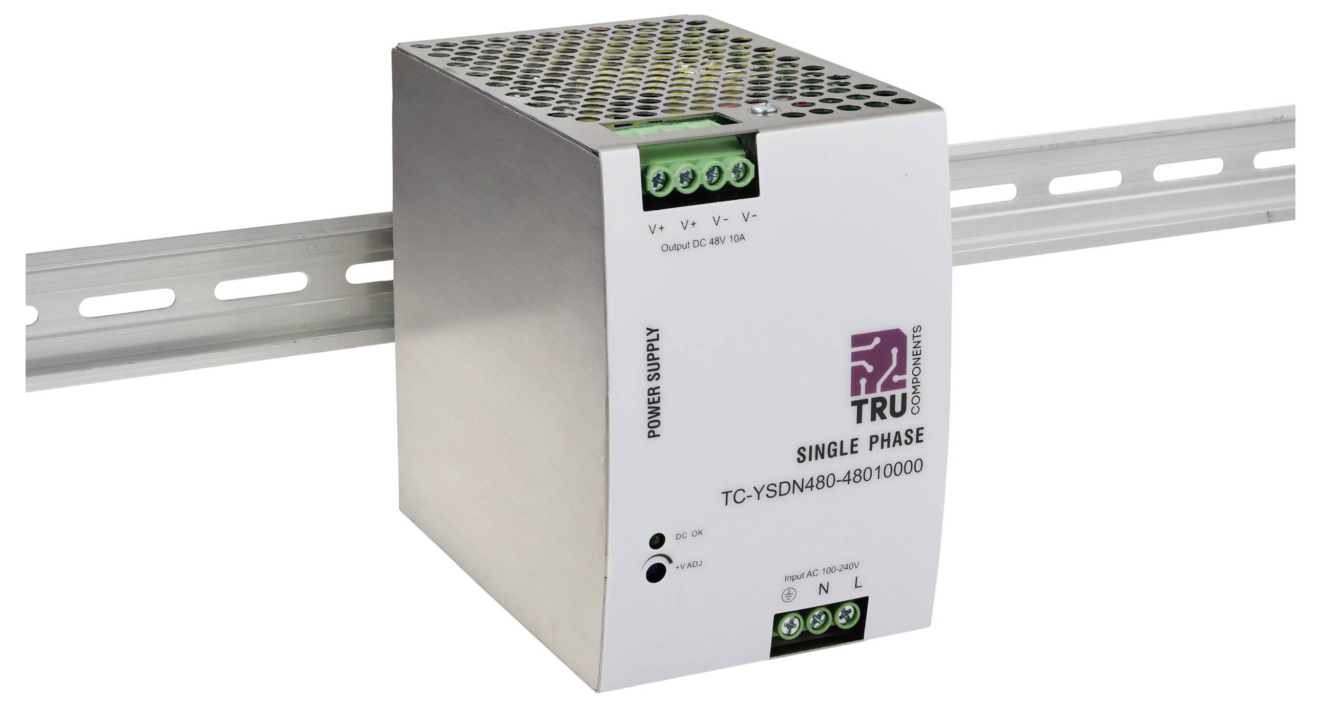 Un'unità di alimentazione monofase montata su guida DIN, con punti di connessione di ingresso e uscita, racchiusa in un involucro metallico e contrassegnata con 'TC-YSDN040-48010000'.