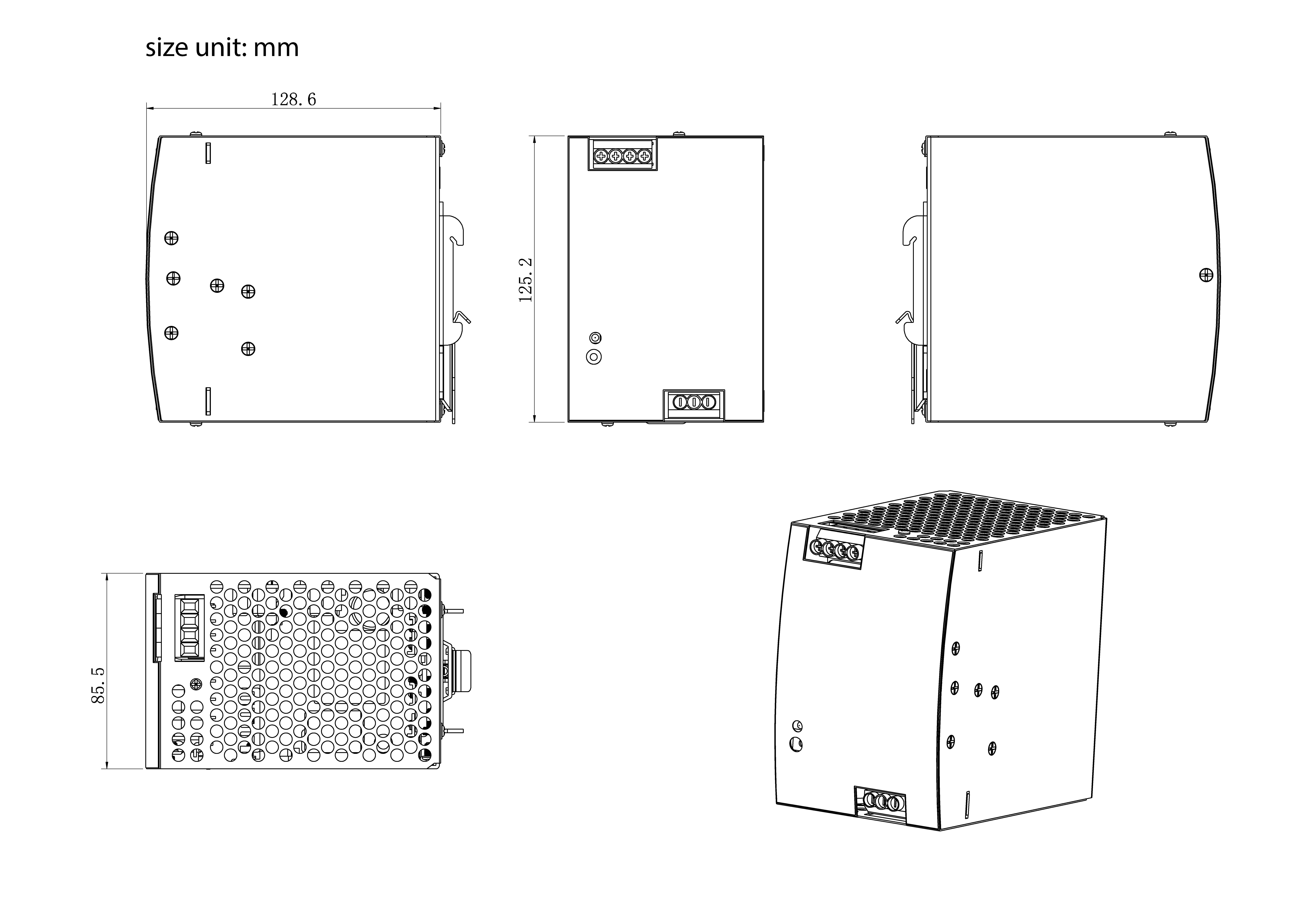 Disegni tecnici di un dispositivo elettronico in cinque viste con dimensioni indicate in millimetri: frontale, superiore, inferiore e due laterali.