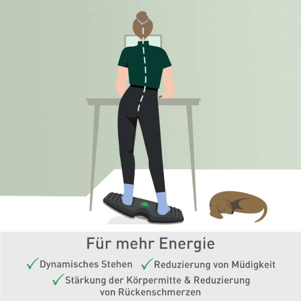 Una persona sta in piedi dinamicamente su una tavola di equilibrio accanto a una scrivania, promuovendo energia e riducendo l'affaticamento. Un cane riposa nelle vicinanze.