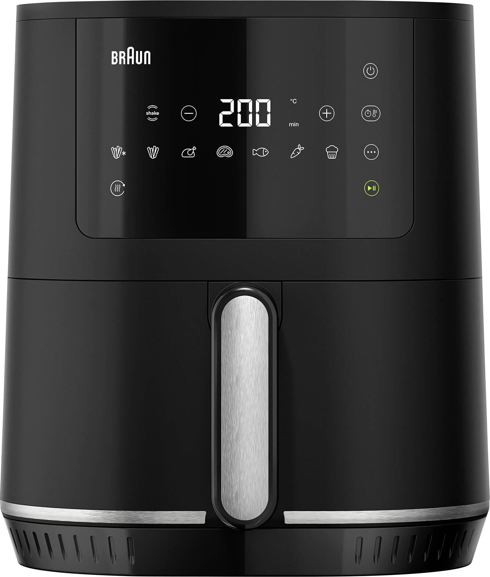 Un'air fryer digitale nera con un display touchscreen che mostra una temperatura di 200°C. Diverse icone di cottura sono visibili sul pannello.