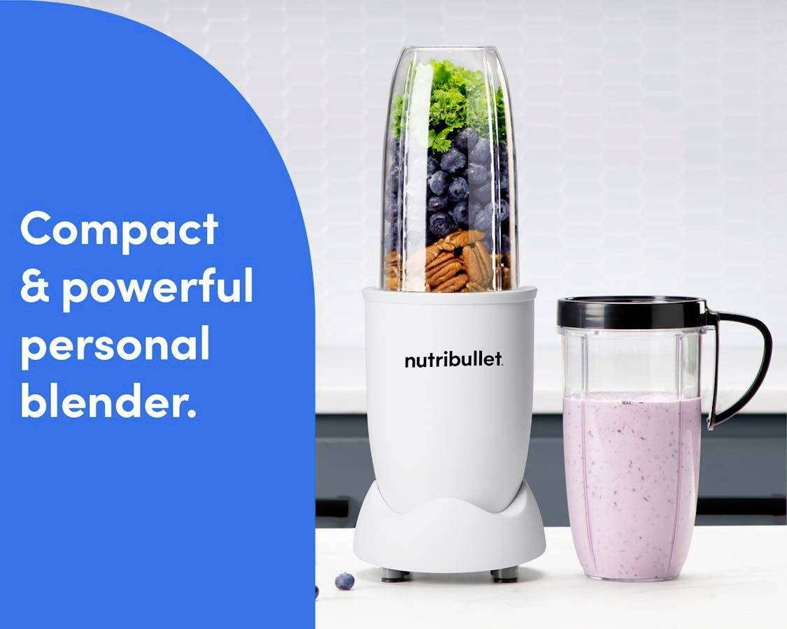 'Nutribullet frullatore personale con brocca di frullato. Le caratteristiche includono un design compatto e una miscellazione potente."