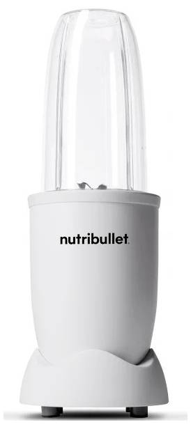 Un frullatore Nutribullet bianco dal design elegante, con una tazza di miscelazione alta e trasparente sulla sommità, che esibisce il suo stile compatto e moderno.