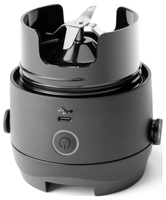 Base per frullatore portatile nero con pulsante di accensione e porta USB, caratterizzato da un coperchio aperto con lame esposte per frullare.