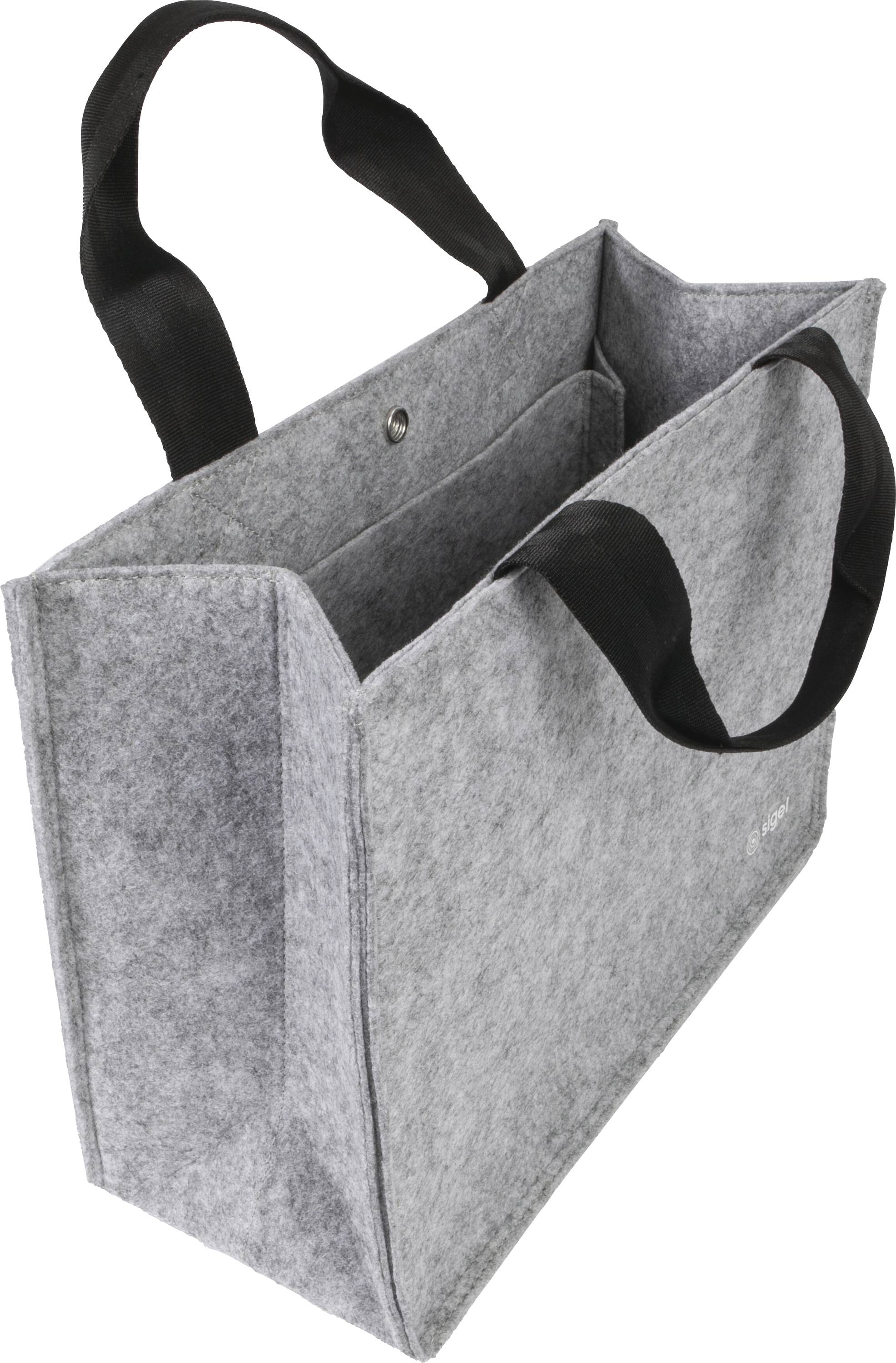 Borsa shopper grigia in tessuto con manici neri, apertura superiore e chiusura con bottone a pressione.