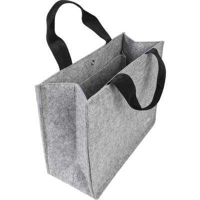 Borsa shopper grigia in tessuto con manici neri, apertura superiore e chiusura con bottone a pressione.