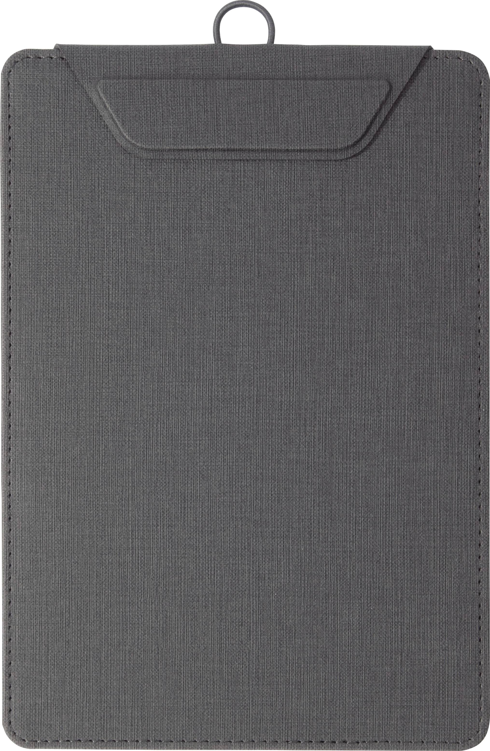 Custodia per tablet in tessuto grigio con linguetta superiore, mostrata chiusa su uno sfondo bianco neutro.