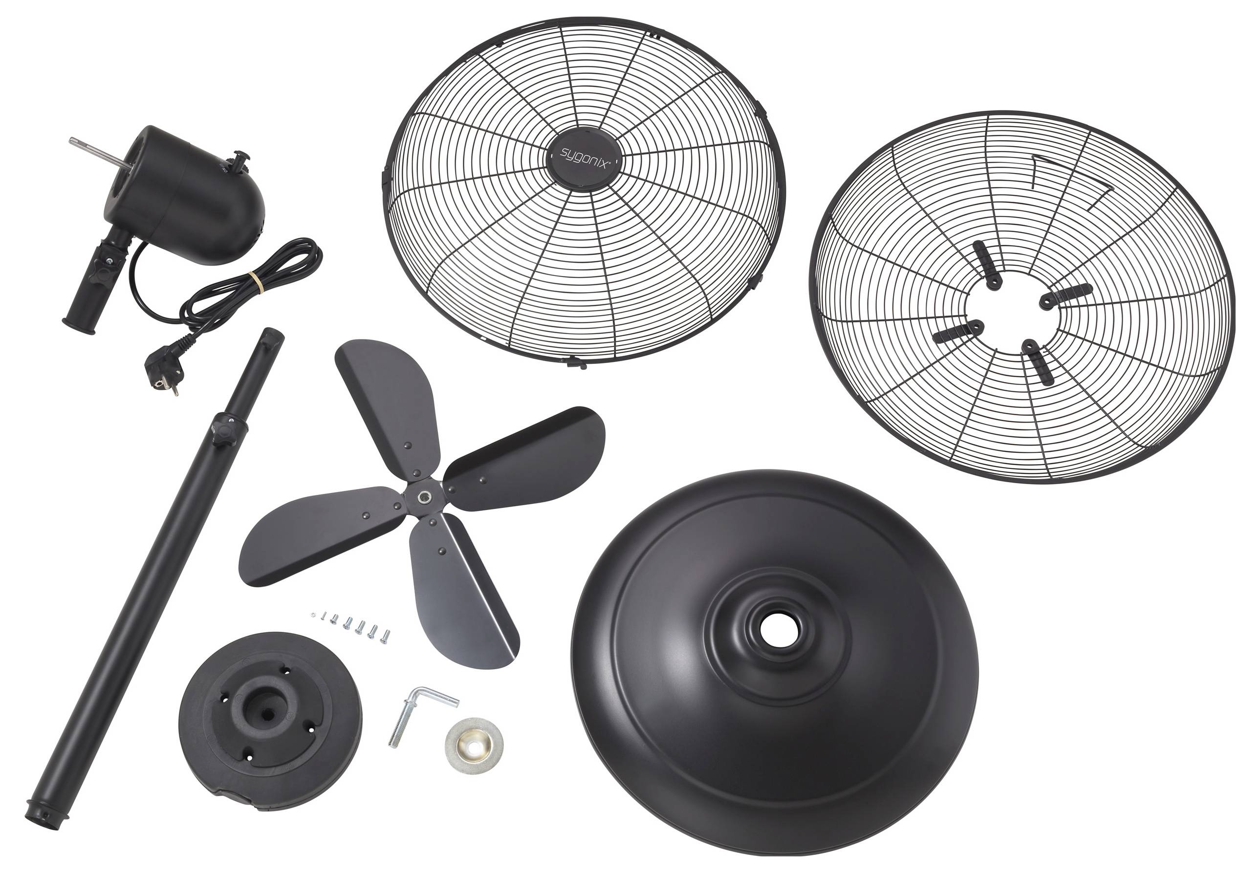 Parti di un ventilatore da soffitto disposte, inclusi motore, due griglie metalliche, gruppo pale, asta di montaggio, base e viti, pronti per l'assemblaggio.