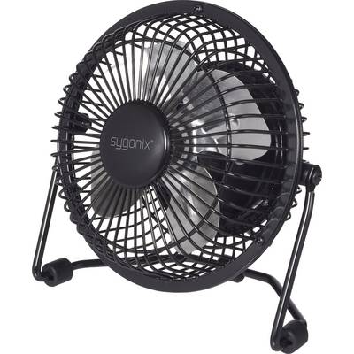Un piccolo ventilatore da scrivania nero in metallo con pale argentate, che reca il marchio 'sygonix' sul mozzo centrale.
