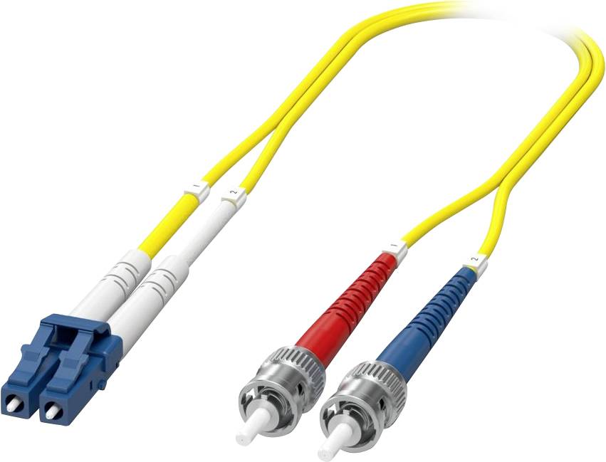 Un cavo in fibra ottica giallo con connessioni doppie e cappucci protettivi blu e rossi, utilizzato per la trasmissione dati ad alta velocità.