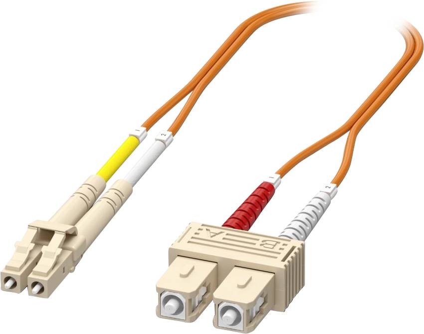 Due cavi in fibra ottica arancioni con connettori beige su ciascuna estremità, etichettati; comunemente utilizzati per la trasmissione dati.