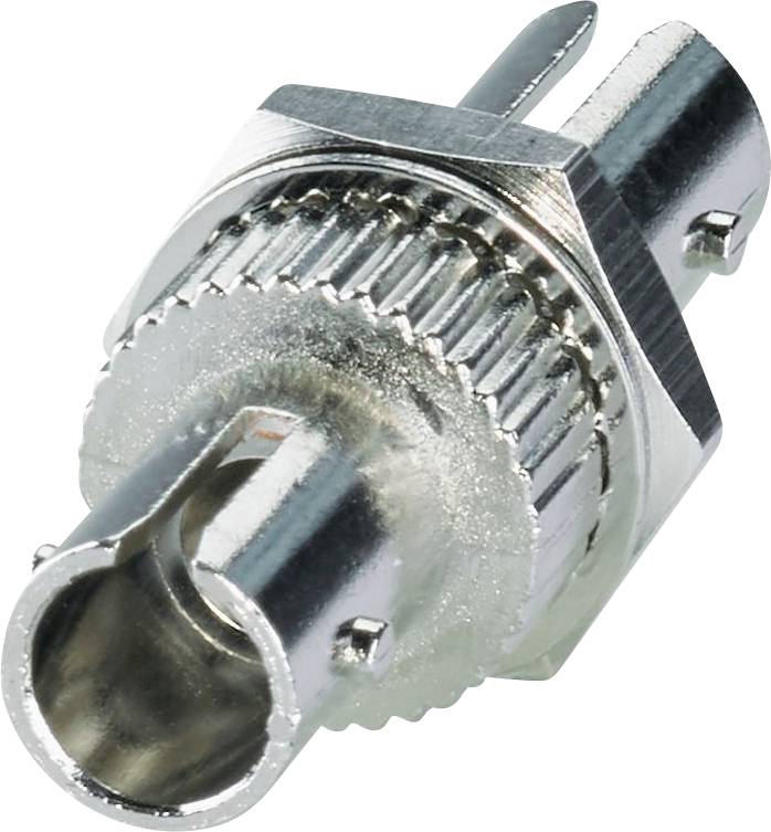Un'immagine ravvicinata di un connettore coassiale RF metallico con anello esterno filettato, utilizzato per collegare cavi coassiali in dispositivi elettronici.