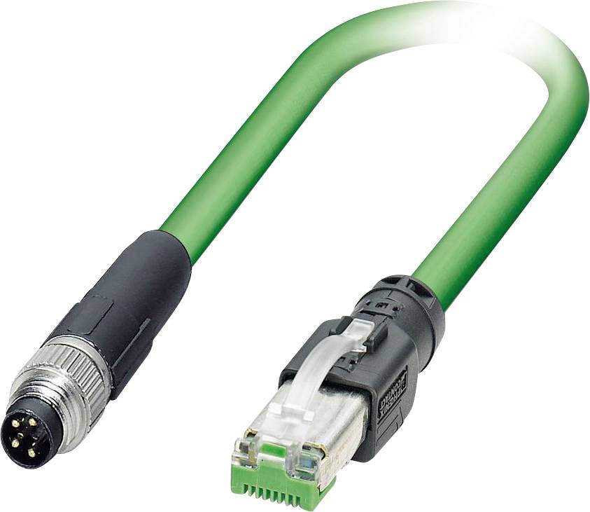 Un cavo Ethernet industriale verde con connettore M12 e connettore RJ45, comunemente utilizzato per connessioni di rete affidabili in ambienti industriali.