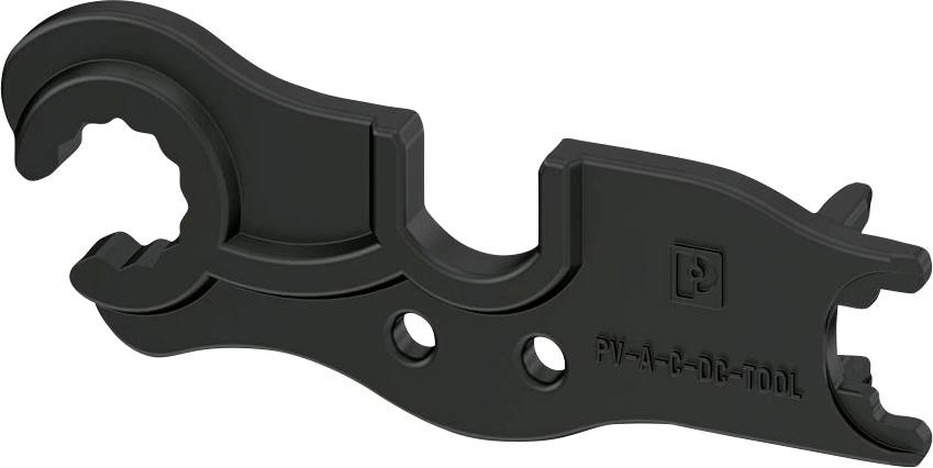 Un utensile multifunzionale nero in plastica con diverse forme di chiavi e fori, progettato per attività di manutenzione o regolazione.