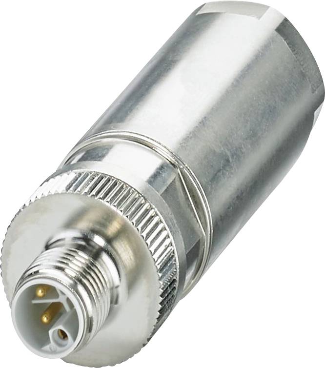 Un connettore cilindrico metallico con tre pin visibili, progettato per applicazioni industriali o di automazione.