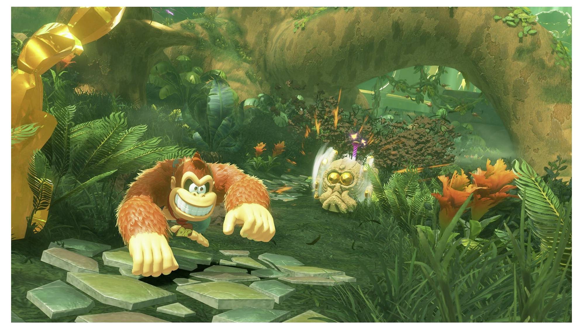 Un gorilla cartoonesco, con un grande sorriso, corre energicamente attraverso una lussureggiante e vivace scena di giungla, seguito da una piccola creatura.